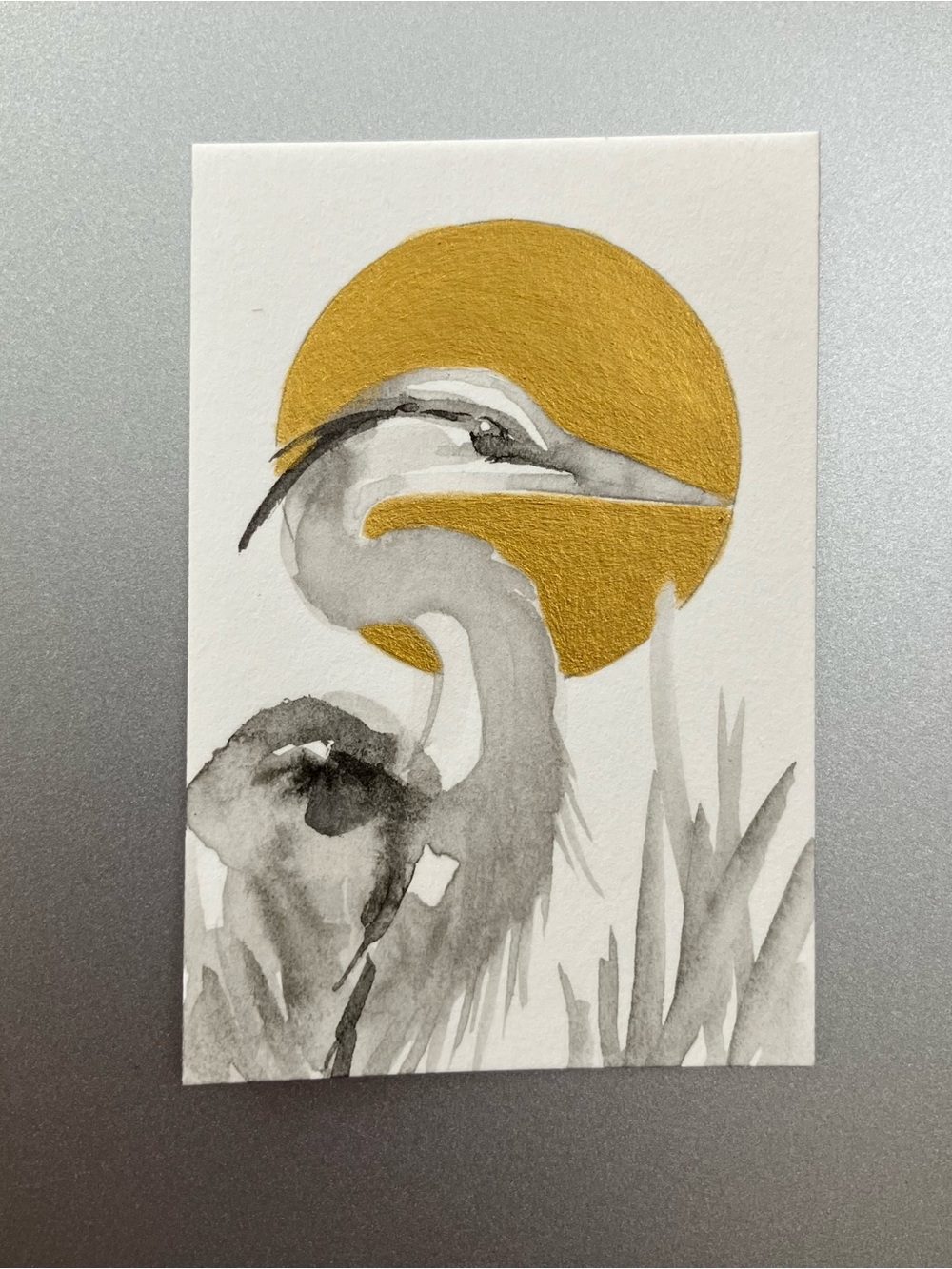 Original blue heron painting miniature realism art sumi-e style ink gift USA